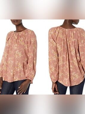 CHAPS Floral Peasant Blouse Pink Rose Boho Top size large festival cotton comfy